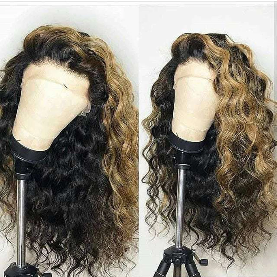 Свободная волна медовый блонд выделяет цвет 13x6 Омбре человеческие волосы парик