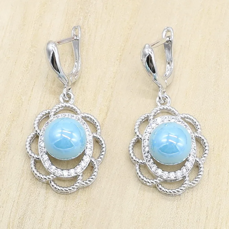 Женские наборы свадебных украшений с синим жемчугом серебряного цвета серьги