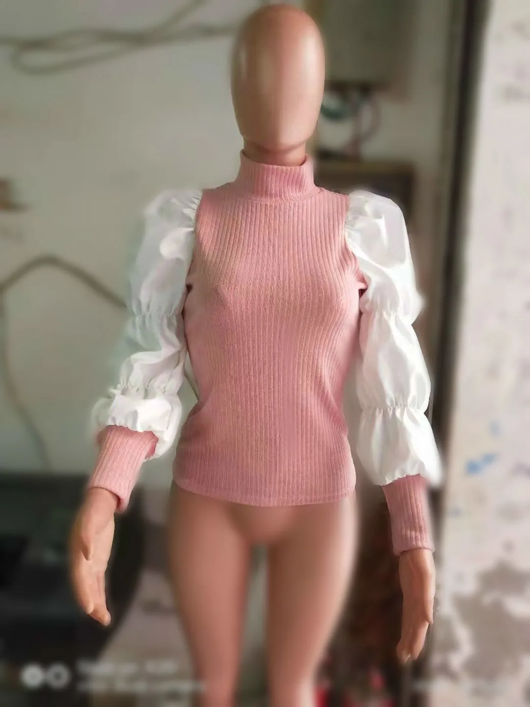 Новинка Женская водолазка блузка модная из кусков с пышными рукавами базовые