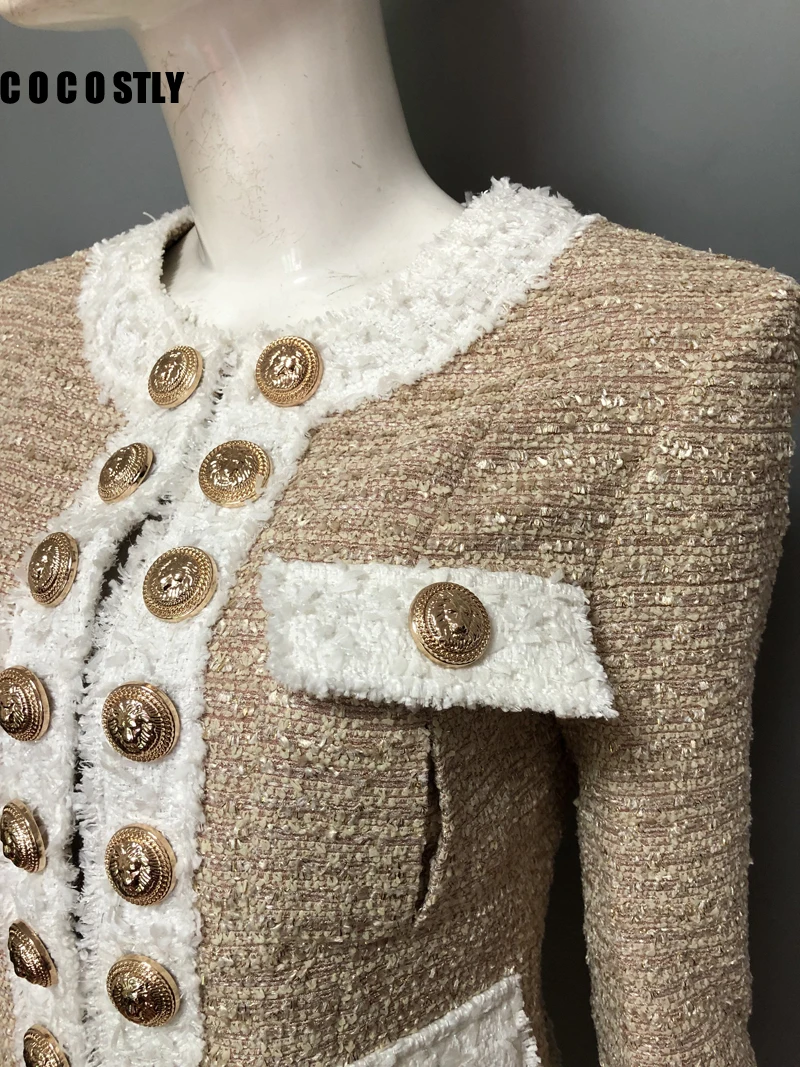 

Designer Runway Autumn 2020 Jackets Women Plaid Jacket Coat Double Breasted Lion Metal Buttons Tweed Female Ladies Clothes