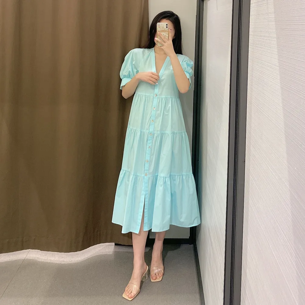 

Elegant Button short Sleeve Trim Dress Women Spring Deep V Neck Dresses Ladies Solid High Waist A Line Dress