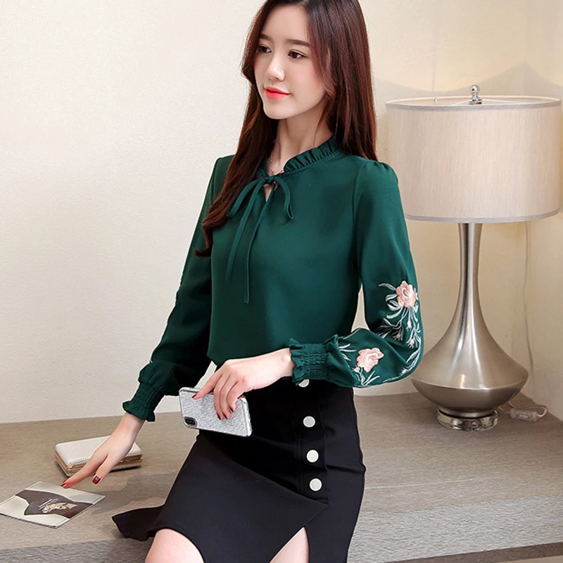 

Paris Girl Fashion Womens Tops and Blouses Long Sleeve 3XL 4XL Plus Size Women Shirts Floral Embroidery Chiffon Blouse Shirt