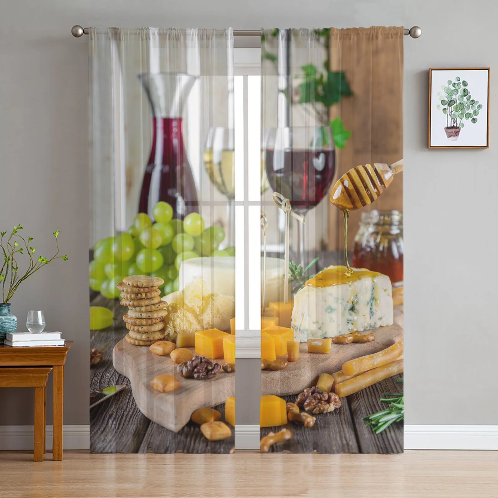 

Fruit Cake Biscuit Wine Glass Tulle Window Treatment Sheer Curtains for Kitchen Living Room the Bedroom Curtains Decoration