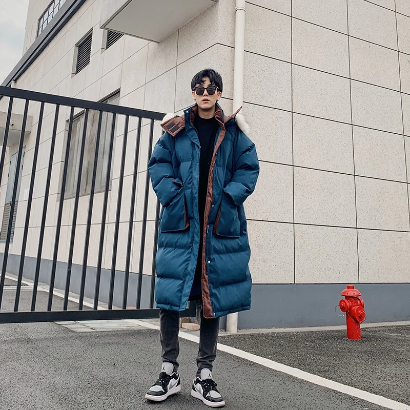 Contrast Color Large Fur Collar Cotton Coat Men's Winter Thick Coat Long Loose Cotton Coat Warm Hooded Cotton-Padded Jacket