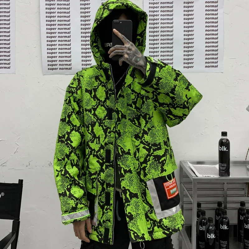 

Winter Hooded Parkas Jackets Men Hip Hop Thick Coats 2019 Harajuku Loose Windbreaker Reflective Design Outwear Male Green MG355