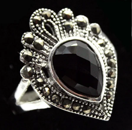

NATURAL DROP BLACK JADE AGATES MARCASITE 925 STERLING SILVER RING SIZE 7/8/9/10