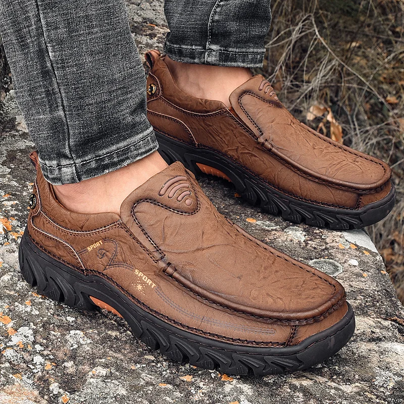 Модные Для мужчин кожа дышащая мужская повседневная обувь без застежки