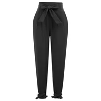 gk women trousers office pants ol ladies female solid casual high waist pockets belt decorated pencil capri pants with bow knot