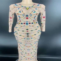 r68 sexy mesh long evening dress colorful rhinestones see through skirt diamonds perspective outfit bar catwalk crystal costumes
