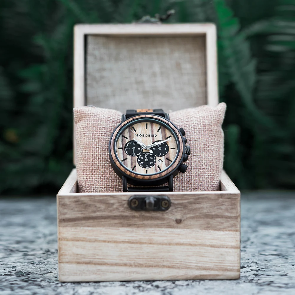 BOBO BIRD Wooden Watch Men erkek kol saati Luxury Stylish Wood Timepieces Chronograph Military Quartz Watches in Wood Gift Box
