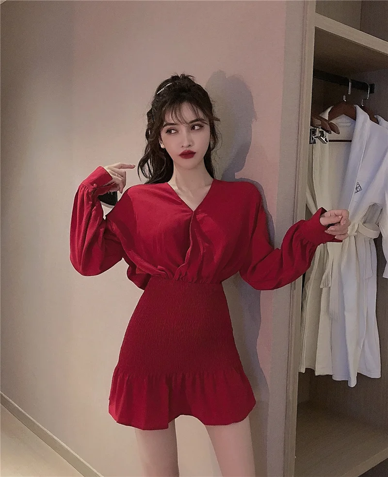 Эластичная эластичная плиссированная талия с длинным рукавом v образным вырезом