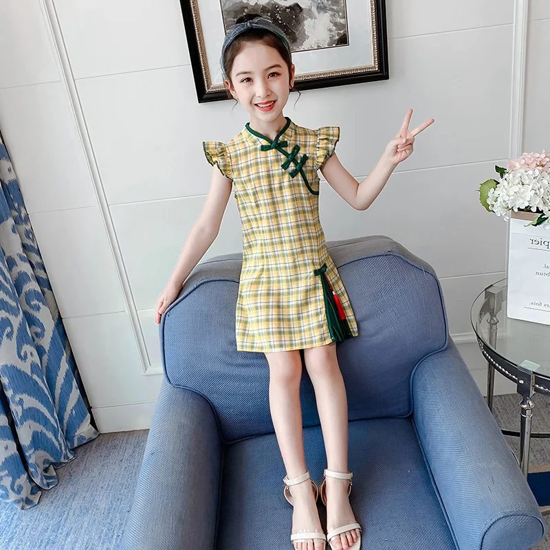 

Girls Retro Chinese Style Dress 2021 Summer New Hanfu Striped Plaid One-piece baby girl clothes back to school outfit for girls