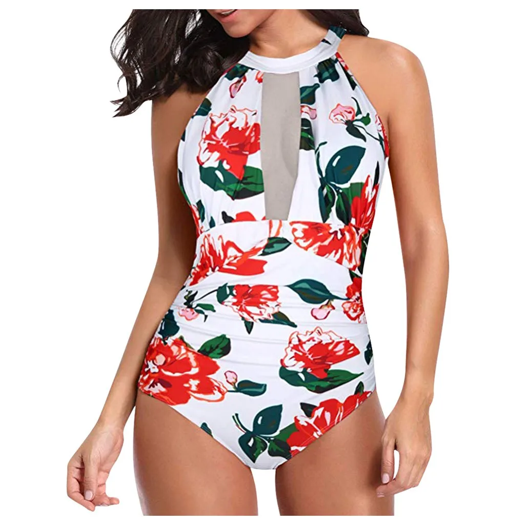 Сексуальное женское Сетчатое прозрачное цельное бикини с цветочным принтом