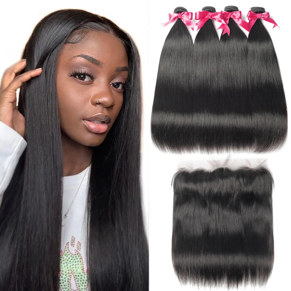 

Straight Human Hair 3 Bundles With Closure 4x4 Lace Closure With Bundles 100% Brazilian Remy Hair Weave Alipanda Hair