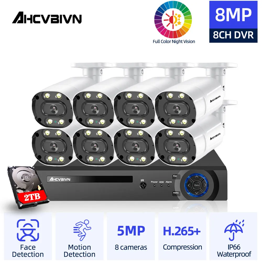 

AHCVBIVN 8CH DVR Регистраторы 4k комплект с 5MP красочные Ночное видение Обнаружение движения IP66 AHD Камера камера наружного наблюдения с Камера набор