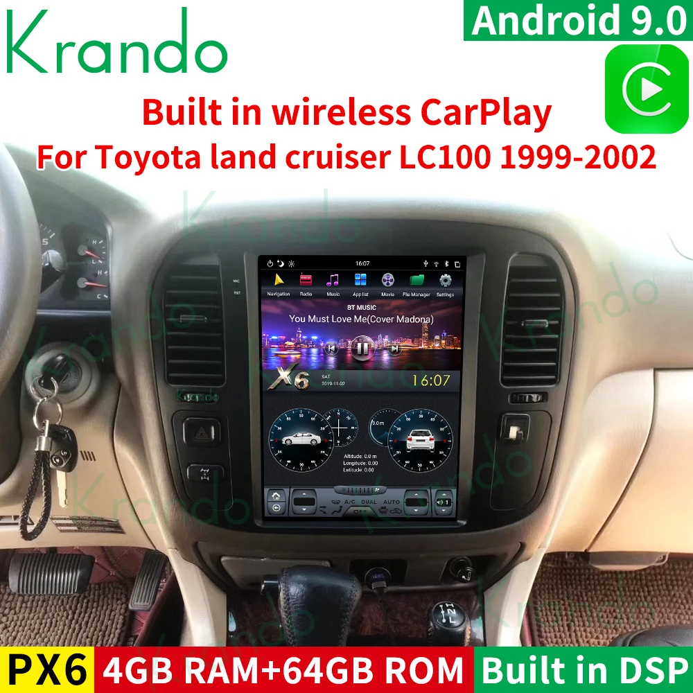 

Krando Android 9.0 12.1" For Toyota Land Cruiser LC100 1999-2002 Verticial Screen Car Multimedia System Navigation CARPLAY