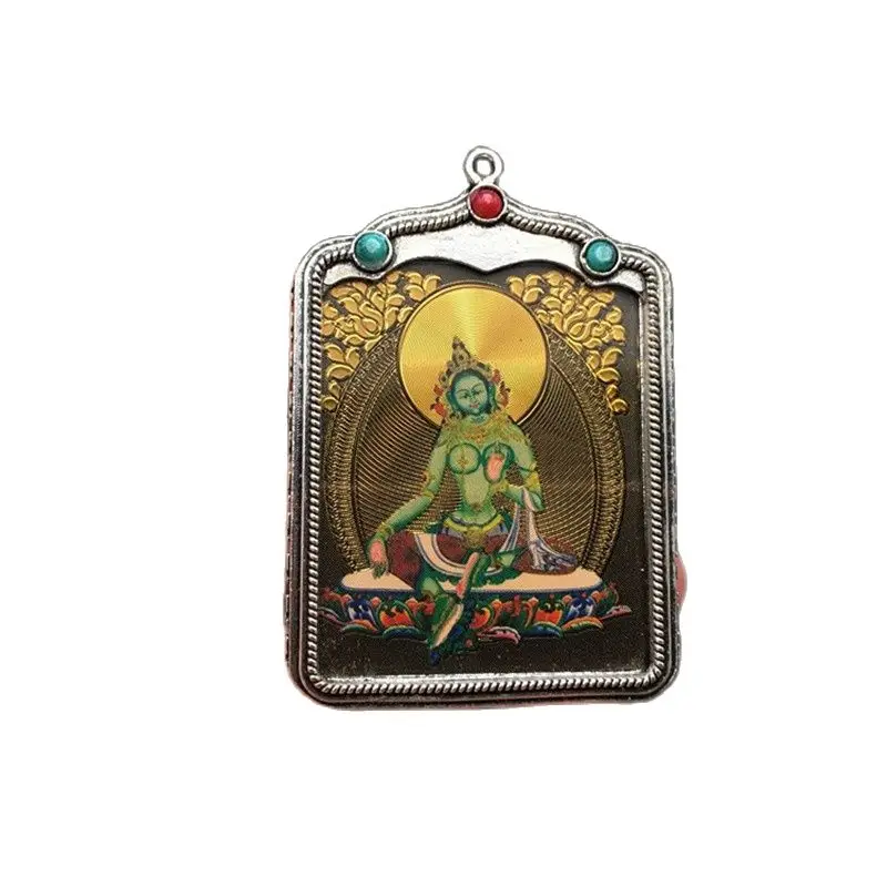 

Tibetan silver inlaid Green Tara Tangka Buddha Pendant for men and women