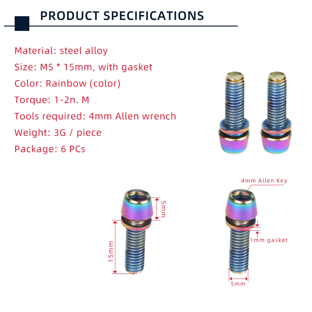TANKE 6PCS M5 * 18 15mm Rainbow Bolt Screw with gasket For MTB Road Bicycle Stem and bottle rack bicycle parts