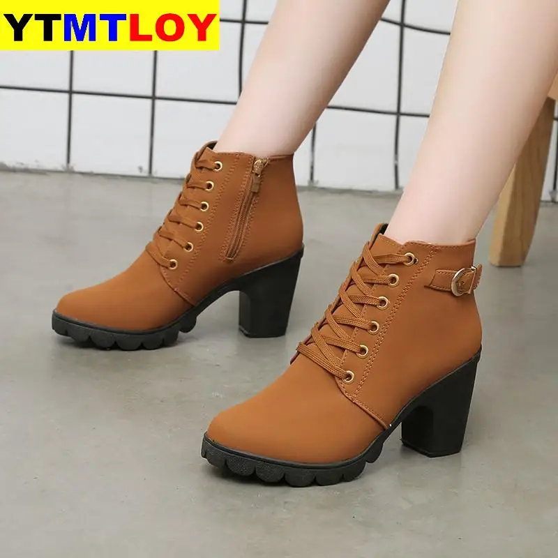

HOT Ankle Boots For Women New Elegant Square Heel Shoes Woman High Solid Vintage Lace-up Ladies Winter Platform Boots High