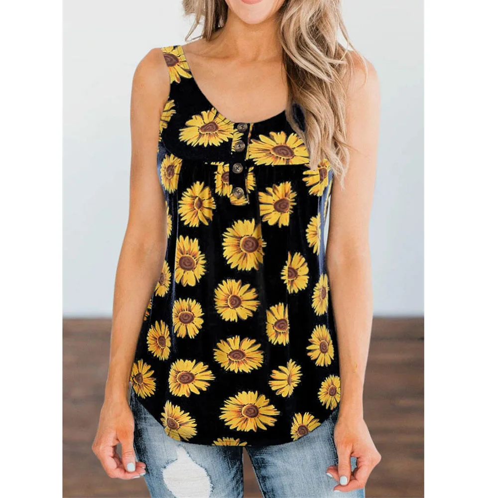 Женская футболка с принтом подсолнуха летняя без рукавов V образным вырезом