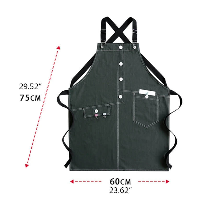 

Denim Coffee Shop Apron Adjustable Cross Back Buckle Buttons Bib with Pocket