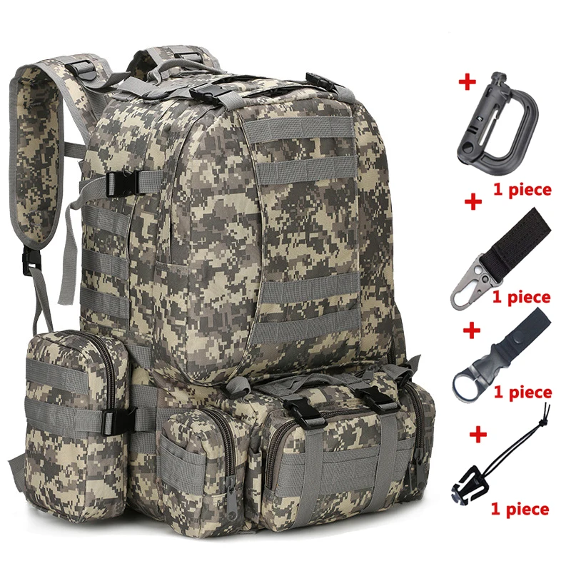 55L Molle военный рюкзак SWAT армейская полевая камуфляжная дорожная Сумка Многофункциональная двойная сумка большой емкости ACU рюкзак - Цвет: bag and hooks