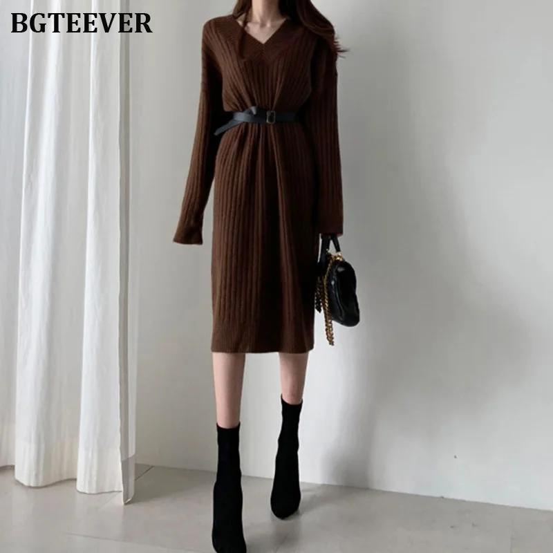 Осенне-зимнее прямое трикотажное платье для женщин с v-образным вырезом женское