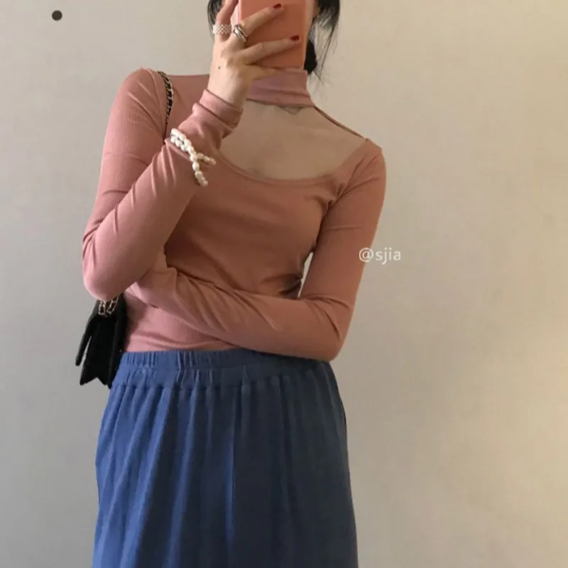 

Ins Hipster Halter Slim Tees Hollow Out T Shirts Autumn Style Korean Clothes Ladies Tops Fashion Brand Solid Women's Clothing