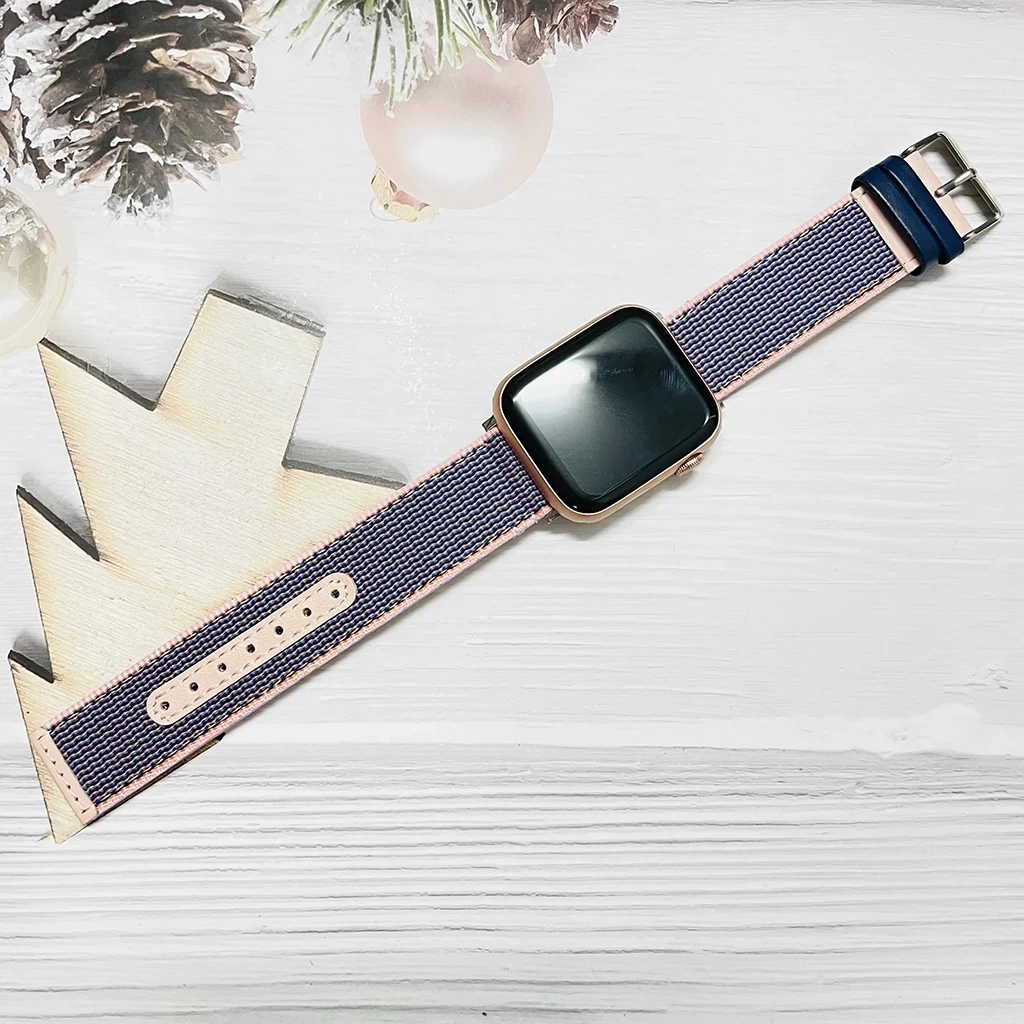 

Casual leather watch band. Made of high-quality nylon + leather. Applicable to Apple Watch series SE.6.5.4.3.2.1