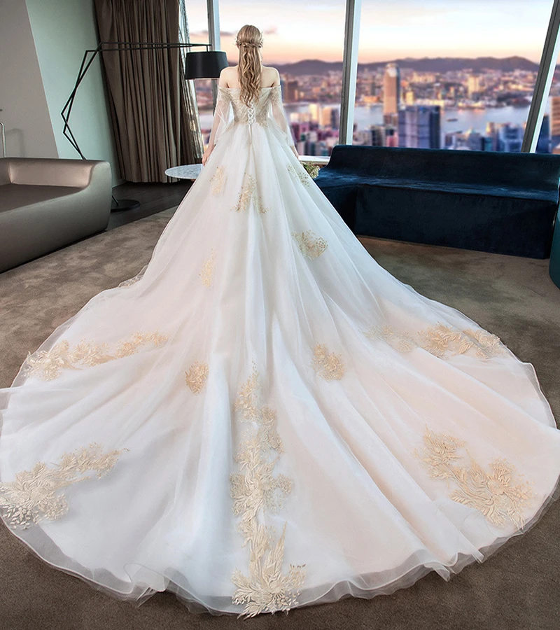 Роскошные кружевные свадебные платья с вышивкой 2021 длинный шлейф 100 см Белый/цвет