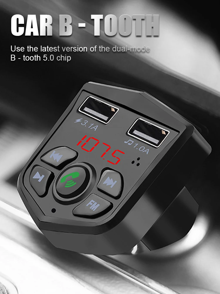 

Car FM Transmitter 12-24V Bluetooth-Compatible Dual USB Ports Car MP3 Player with Mic LED Voltmeter Supports FM TF/USB Input