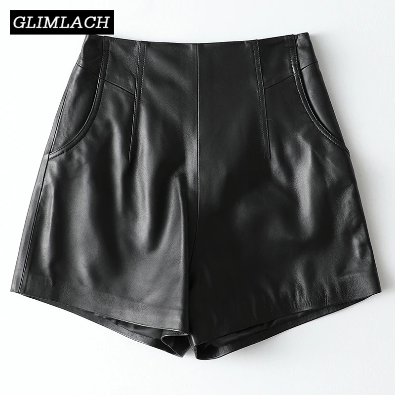 

2021 New Women Genuine Leather Shorts 100% Sheepskin Real Leather Wide Leg Shorts Casual Streetwear Ladies Black Spring Shorts