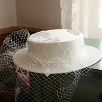 fs white lace hat with veils wool felt flat fedoras caps big brim hats for women bride wedding church hats lady derby cloche cap