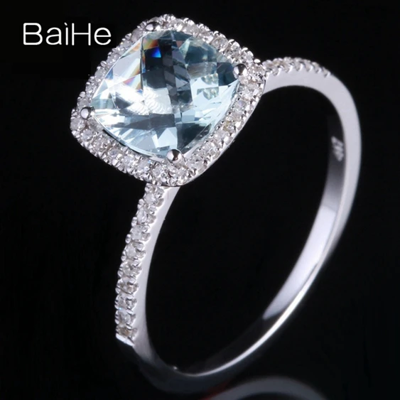 BAIHE Solid 14K белое золото около 1.2ct сертифицированная Подушка CUT Натуральный аквамарин свадебные женские ювелирные изделия уникальный подарок кольцо