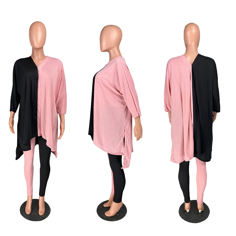 

Contrast Color Patchwork 2 Piece Set Autumn Clothes 2021 Deep V Neck Half Sleeve Loose Long Top and Skinny Legging Casual Outfit