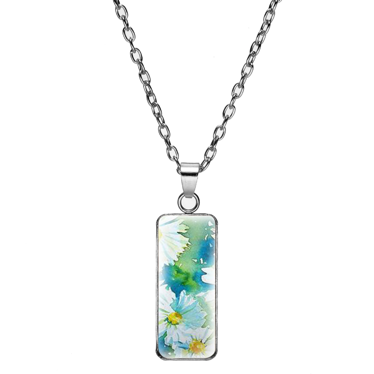 Classic Daisy Flower Oil Painting Art Necklace Vintage Painted Design Glass Cabochon Pendant Long For Women Girl Gifts |