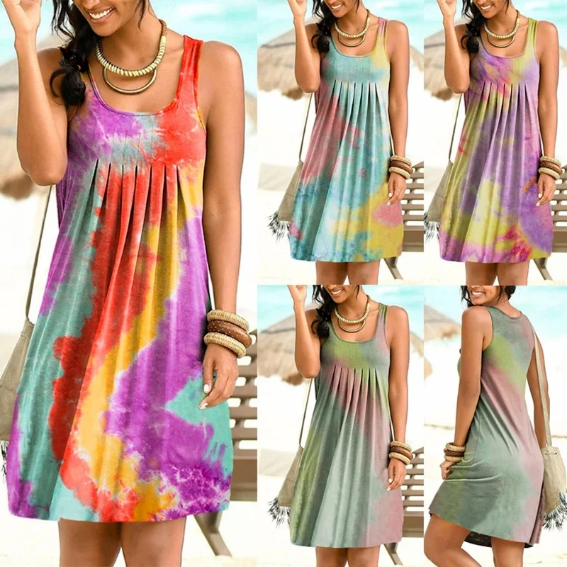 

Summer Dress Ladies Casual Sleeveless Scoop Neck Tie-dye Pleated Hem Skirt Dress Sleeveless Round Neck Large Print Tie-dye Skirt