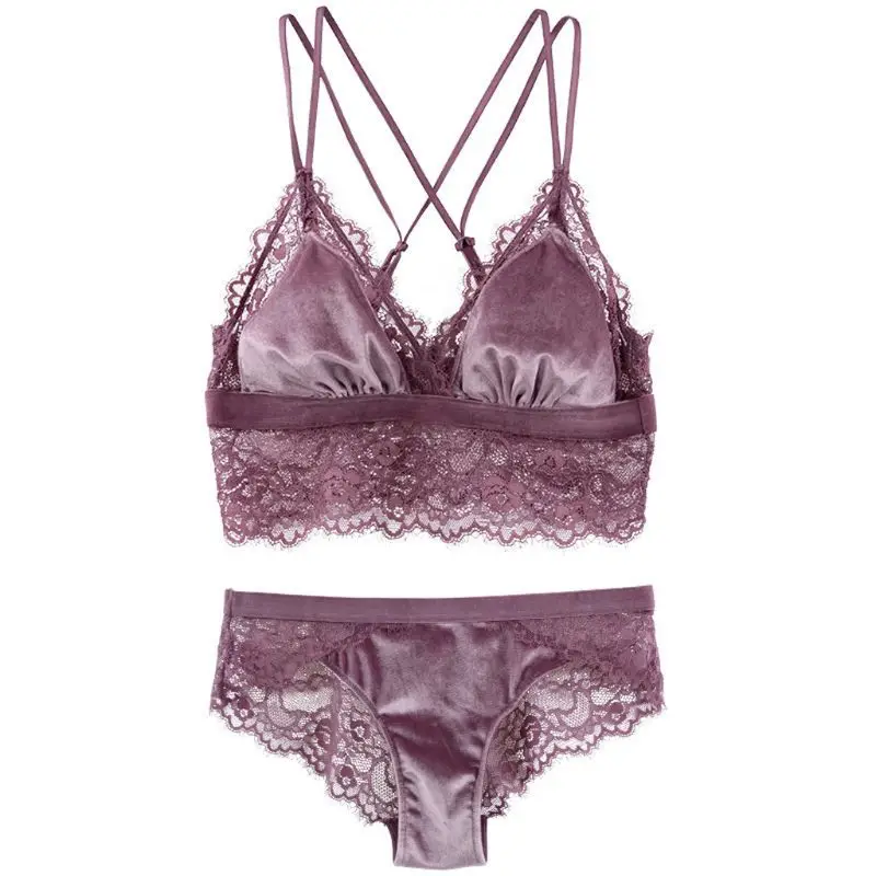 

Womens Floral Eyelash Lace Velvet Bra Set Seamless Underwear Strappy Solid Color X3UE