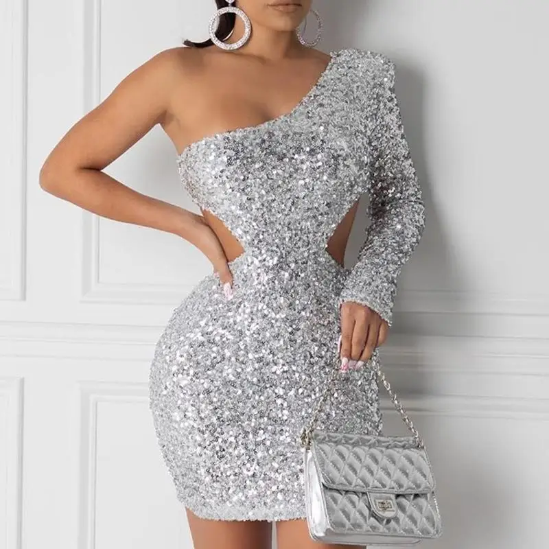 

Sexy women one shoulder dress Solid sequined cut out waist bodycon mini dress Winter long sleeve party club Female Vestidos