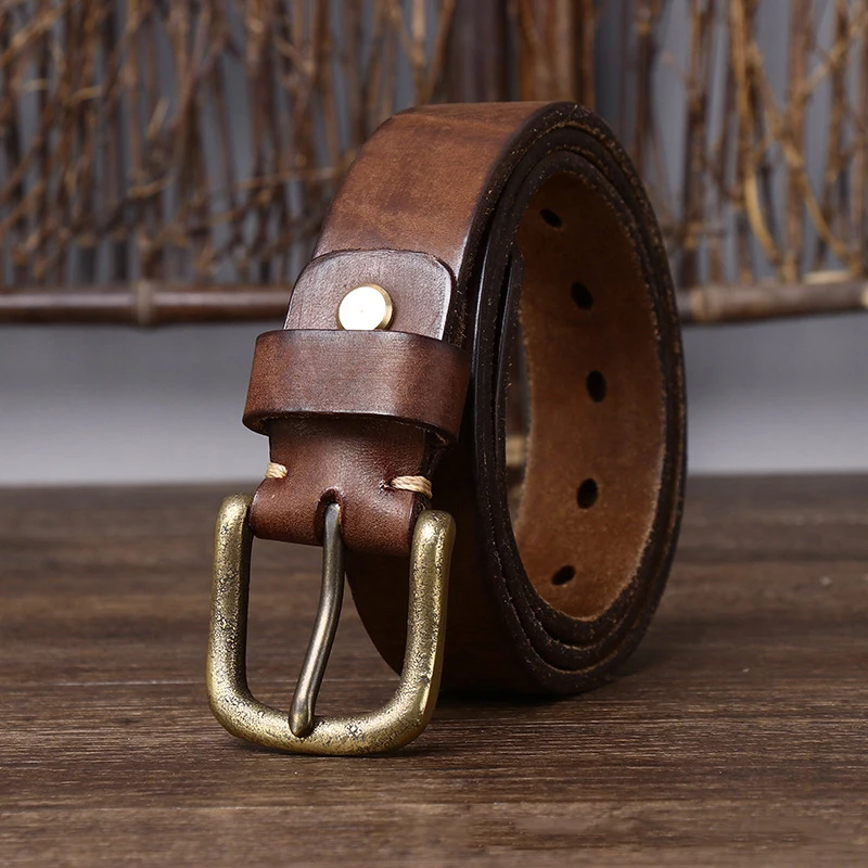 3.5CM wide washed vintage old thick pure cowhide belt male leather brass pin buckle jeans belt for men