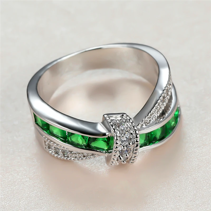 

Luxury Female Crystal Cross Ring Charm Silver Color Thin Wedding Ring Promise Green Zircon Stone Engagement Rings For Women