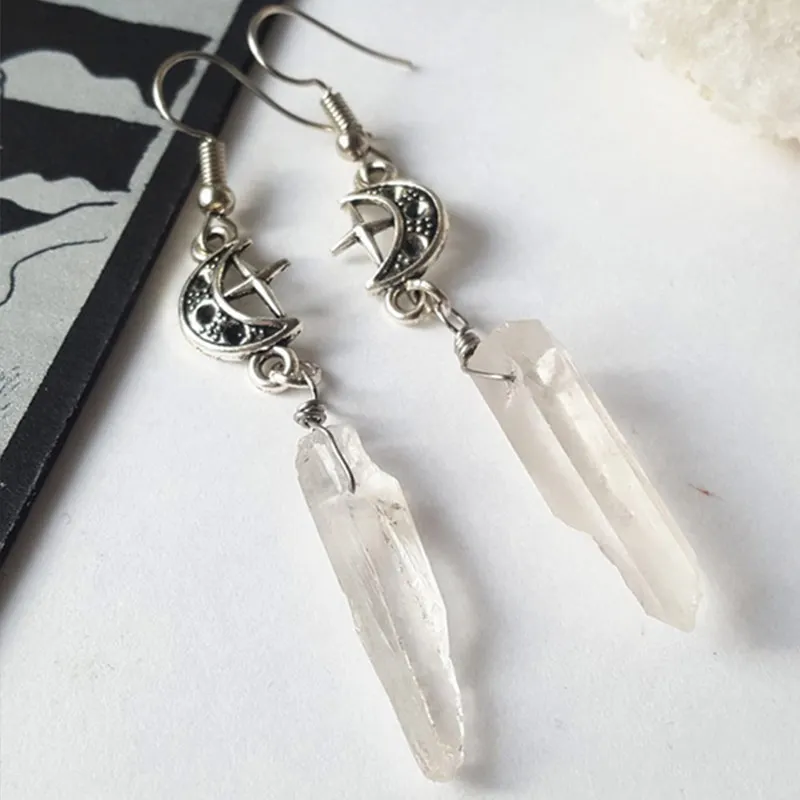 

Clear Quartz Moon Earrings - Boho, Witchy, Natural Stones, Esoteric, Celestial, Alternative,Gothic, Romantic.star Gift
