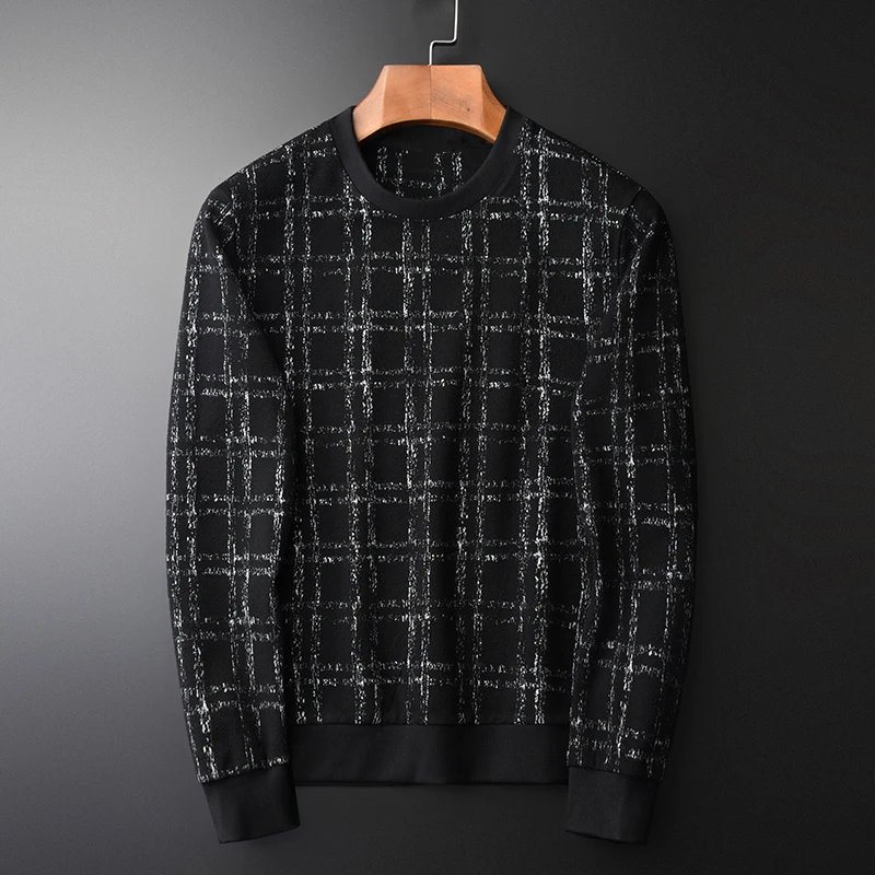 Yarn Dyed Plaid Sweatshirts Men Luxury Round Collar Casual Sweatshirt Male Plus Size 4xl Fashion Slim Fit Mens Hoodies