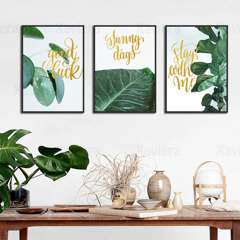 

Nordic Tropical Plants Nature Green Leaves Canvas Painting Golden English Art Posters and Prints Home Decoration Bedroom Murals