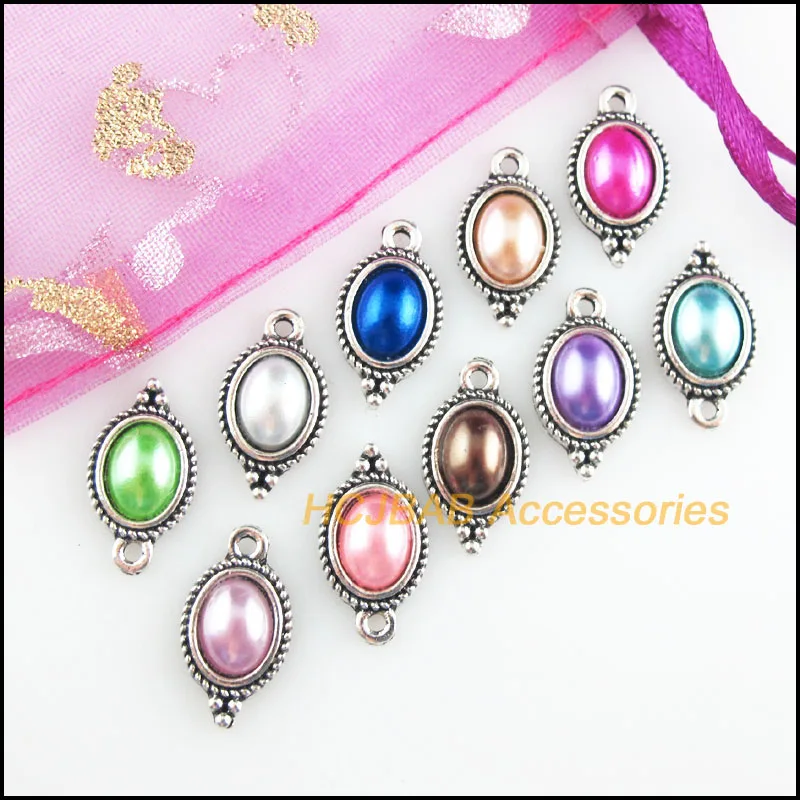 20Pcs Tibetan Silver Tone Retro Oval Flower Mixed Acrylic Charms Pendants 9x17mm | Украшения и аксессуары