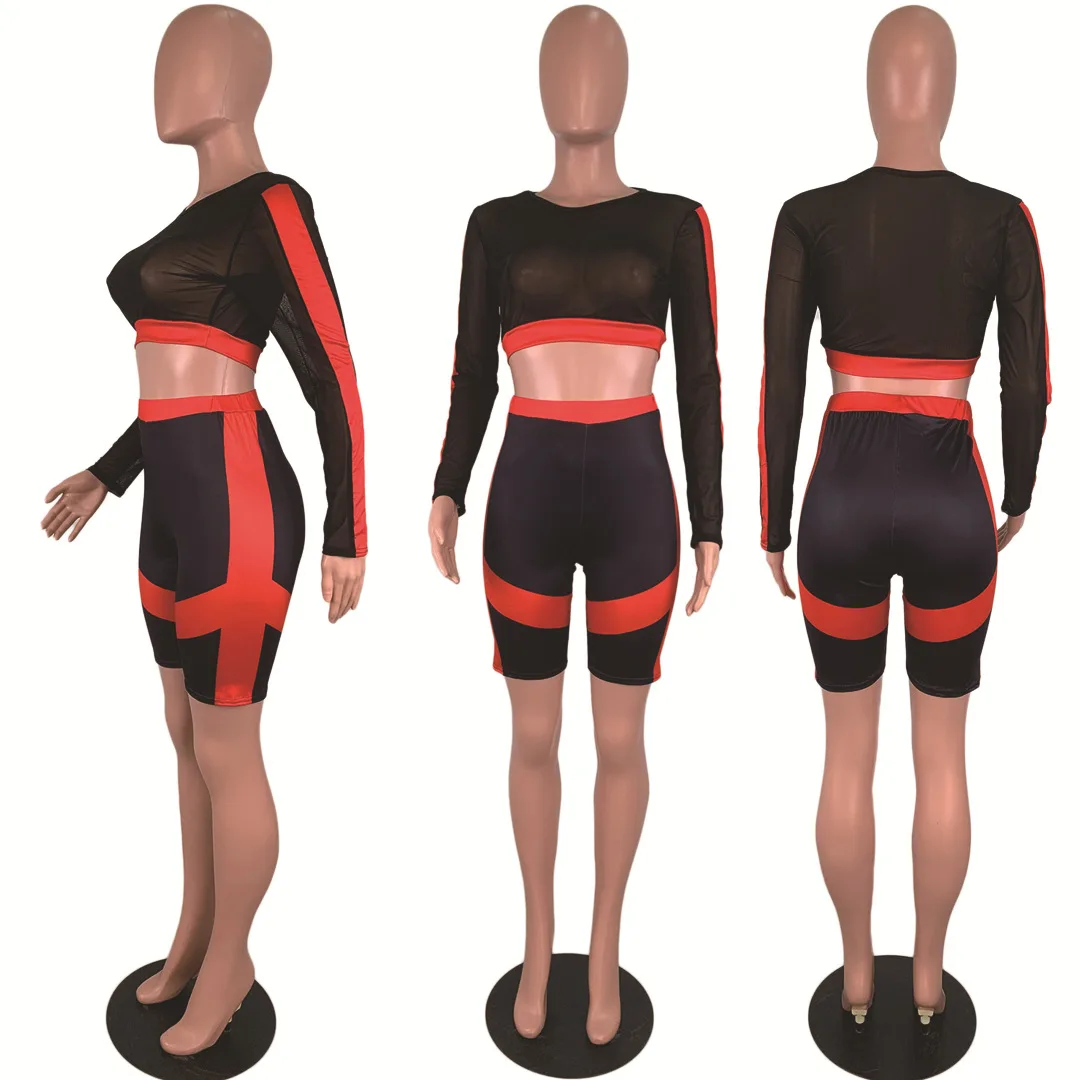 

HAOOHU Mesh Sheer Two Piece Set Tracksuit Long Sleeve Crop Top+Womens Biker Shorts Patchwork 2 Piece Club Outfits Matching Set