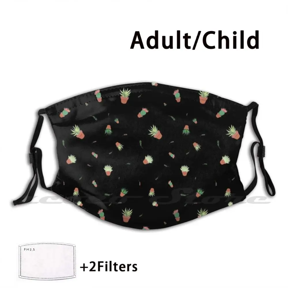 

Succulent Bright Happy Fun Pattern Black Background Custom Pattern Washable Filter Pm2.5 Adult Kids Mask Succulent Plant Cactus