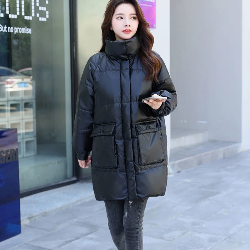 Новинка 2021 Женская Глянцевая куртка без стирки длинная Повседневная парка