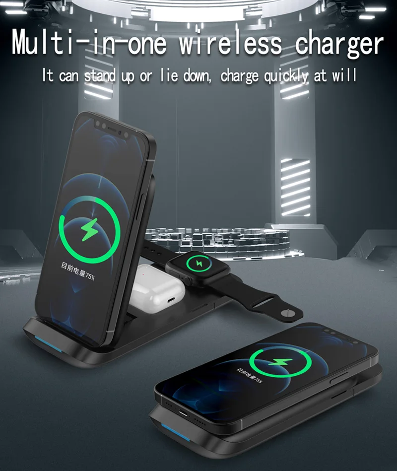 

15W Fast Charging Vertical Folding Bracket Wireless Base Accessories Chargers Three In One Wireless Charger