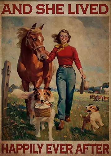 

LINQWkk Metal Tin Retro Sign- Vintage Girl with Horse and Dogs Metal Poster, She Lived Happily Ever After Metal Poster, Vintage